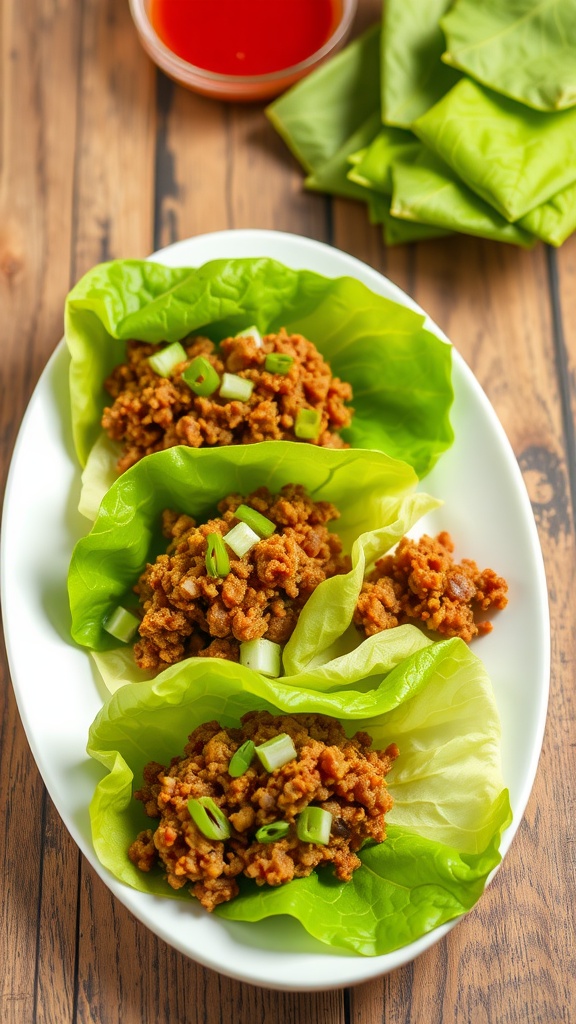 A colorful display of lettuce wraps filled with ground beef, served on a wooden table with chili sauce.